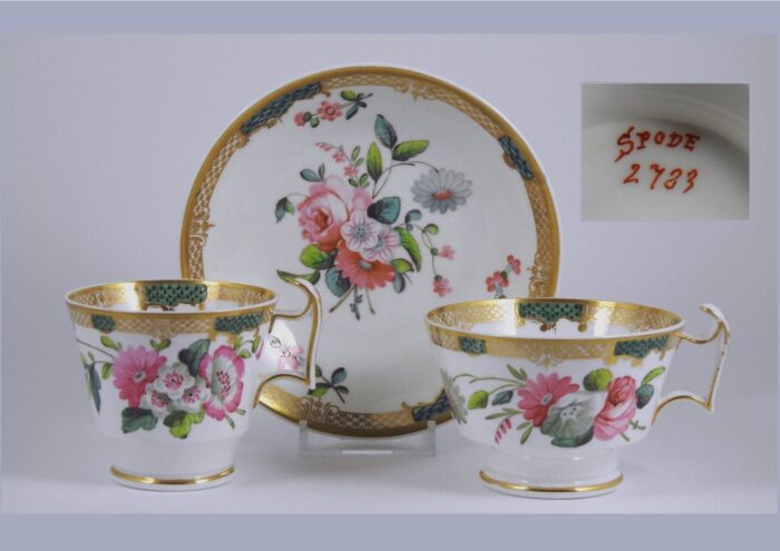 Bone china London shape trio hand painted with pattern number 2723, c.1818
