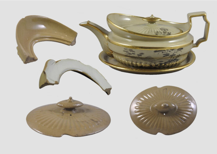Rare shape Spode teapot Shards found on factory site shown alongside rare shape drabware Spode teapot, c.1805.