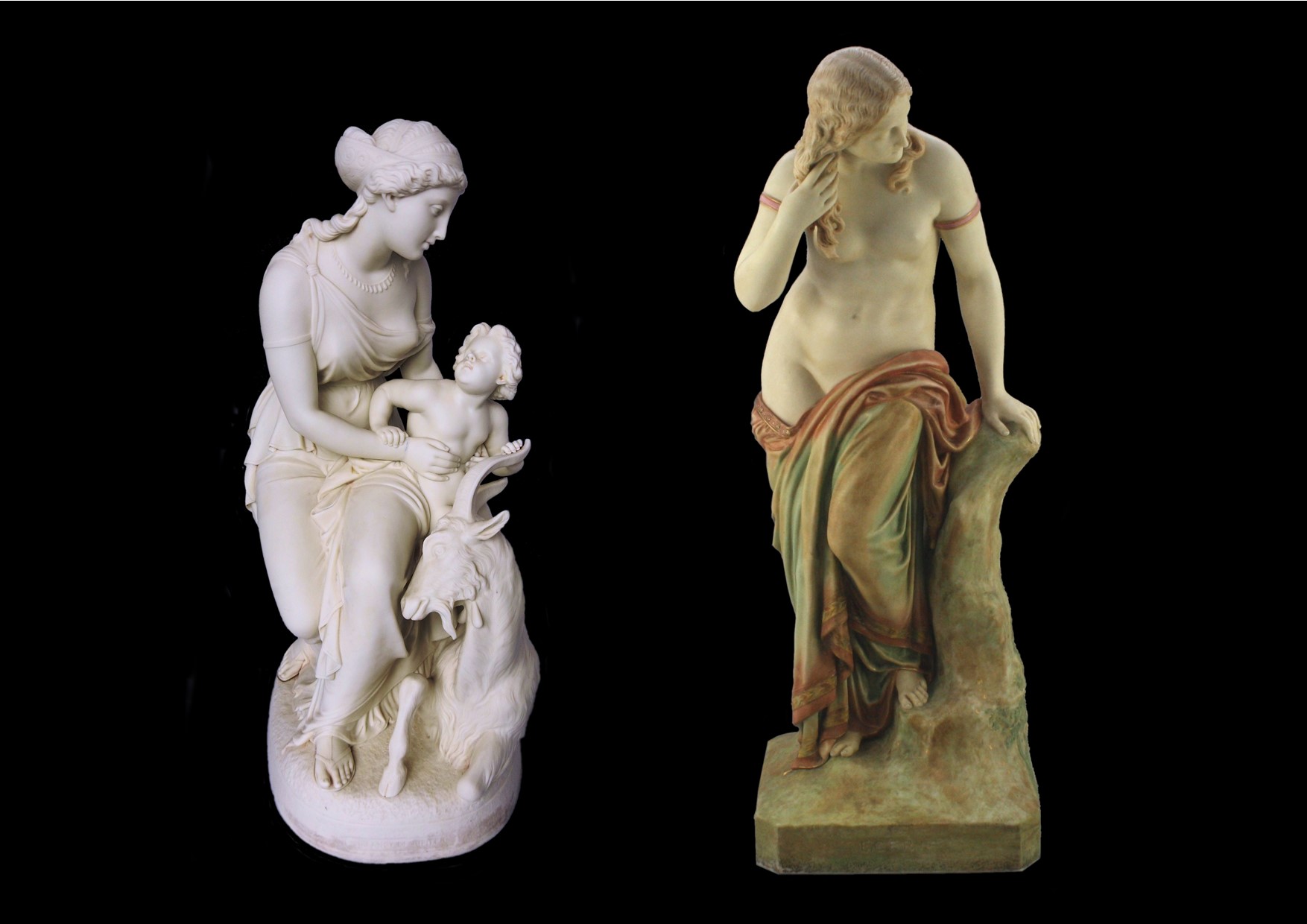 On the left: THE INFANCY OF JUPITER, c.1871, sculptor Raffaele Monti. Height 20 inches. Collection number WTC.1044.On the right: EGERIA, c.1857, sculptor John H. Foley RA. Egeria was an Italian nymph featured in Ovid and Byron’s ‘Childe Harold’ c,1812 who lived beside a fountain between the old Appian Way and the modern road to Naples. Height 28 inches. Collection number WTC.1944